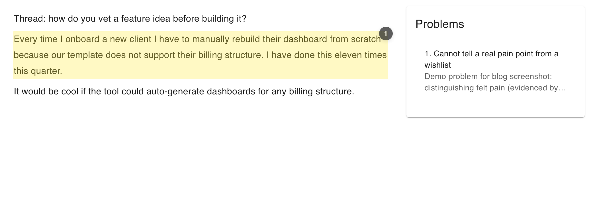 A captured research note in CLRA: a Pain-worthy quote highlighted and linked to a problem, with an adjacent wishlist-shaped line left untagged